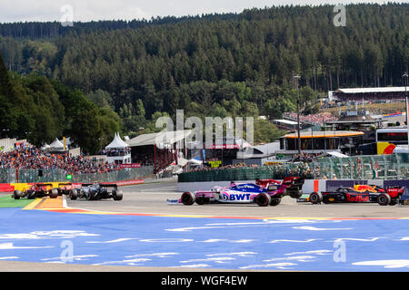 Spa, Belgium. 01st Sep, 2019. First lap, first corner collision between Kimi Raikkonen #7 and Max Verstappen #33, that lead to Verstappens retirement a few corners later. Credit: Will Broadhead/Alamy Live News Stock Photo