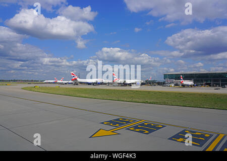 HEATHROW, ENGLAND -21 AUG 2019- View of an airplane from British Airways (BA) at London Heathrow Airport (LHR), the main airport in London. Stock Photo