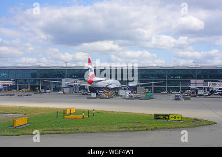 HEATHROW, ENGLAND -21 AUG 2019- View of an airplane from British Airways (BA) at London Heathrow Airport (LHR), the main airport in London. Stock Photo