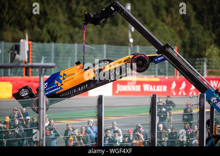 Spa, Belgium. 01st Sep, 2019. The stricken McLaren of Lando Norris, that retired from the Belgian Grand Prix shortly before the end, on the start grid. Credit: Will Broadhead/Alamy Live News Stock Photo