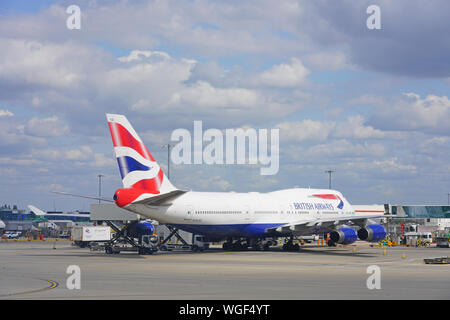 HEATHROW, ENGLAND -21 AUG 2019- View of an airplane from British Airways (BA) at London Heathrow Airport (LHR), the main airport in London. Stock Photo