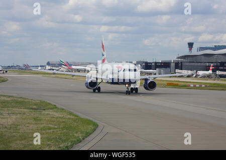 HEATHROW, ENGLAND -21 AUG 2019- View of an airplane from British Airways (BA) at London Heathrow Airport (LHR), the main airport in London. Stock Photo