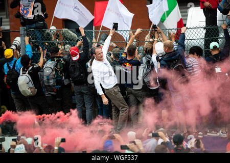 Spa, Belgium. 01st Sep, 2019. Fans celebrate the podium at the Belgian Grand Prix, Spa Francorchamps 2019 Credit: Will Broadhead/Alamy Live News Stock Photo