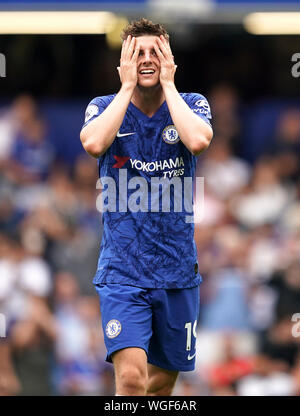 Chelsea's Mason Mount rues a missed chance during the Premier League match at Stamford Bridge, London. Stock Photo