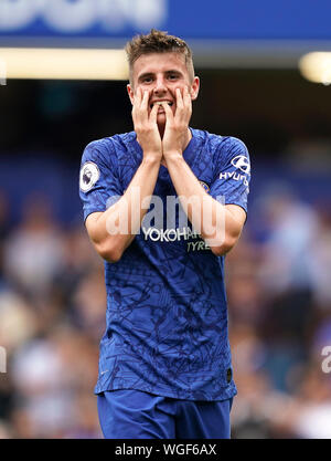 Chelsea's Mason Mount rues a missed chance during the Premier League match at Stamford Bridge, London. Stock Photo