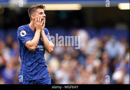 Chelsea's Mason Mount rues a missed chance during the Premier League match at Stamford Bridge, London. Stock Photo