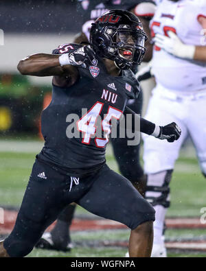 Saturday Aug 31st- Huskies linebacker Jordan Cole (45) celebrates a big play during NCAA football game action between the Northern Illinois Huskies vs the Illinois State University Redbirds at Huskie Stadium in DeKalb, IL Stock Photo