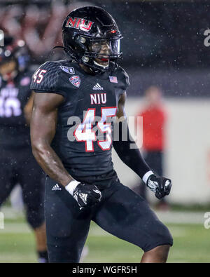 Saturday Aug 31st- Huskies linebacker Jordan Cole (45) celebrates a big play during NCAA football game action between the Northern Illinois Huskies vs the Illinois State University Redbirds at Huskie Stadium in DeKalb, IL Stock Photo