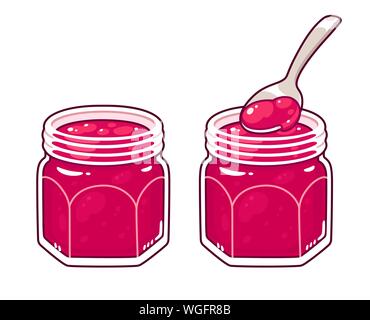 Raspberry jam in glass jar with spoon. Traditional homemade fruit preserves in hand drawn cartoon style. Vector clip art illustration. Stock Vector