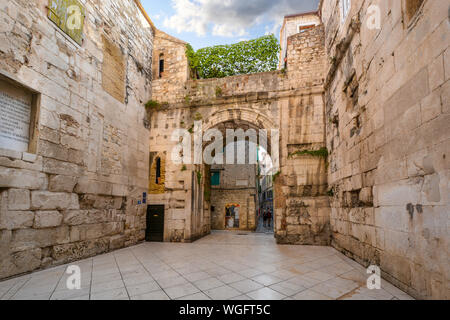 The ancient Golden Gate to the Diocletian's Palace section of Old Town Split, Croatia. Stock Photo