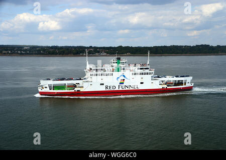 The Red Falcon Passenger and Car Ferry owned by the Red Funnel Ferry Company in the Solent heading for Southampton Harbour, Hampshire, England, UK. Stock Photo