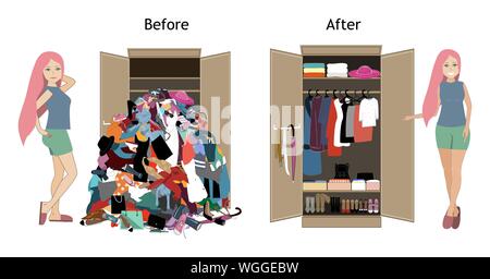 Before untidy and after tidy wardrobe with a girl. A lot of cheap, unfashionable, old messy clothes thrown out of closet and nicely arranged clothes Stock Vector