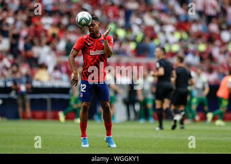 1st September 2019; Wanda Metropolitano Stadium, Madrid, Spain; La Liga, Atletico de Madrid versus Sociedad Deportiva Eibar; Renan Lodi (Atletico de Madrid) Pre-match warm-up - Editorial Use Only. Stock Photo