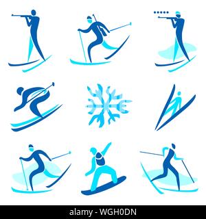 Winter sport blue icons. Set of stylized symbols with winter sport activities. Vector available. Stock Vector