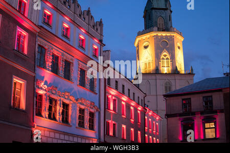 old town of city of Lublin in Poland illuminated with colorfull lights during night Stock Photo