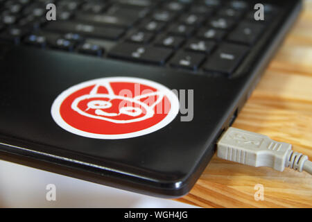 Close up of a black laptop with a red cartoon cat sticker, selective focus Stock Photo