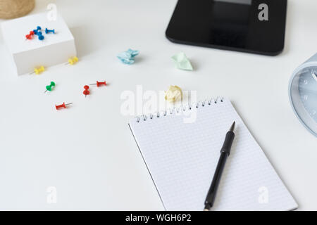 Modern workspace background. Workplace with office supplies and sticky notes on table Stock Photo