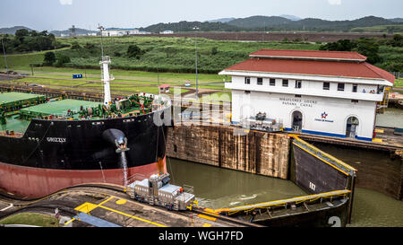 Miraflores locks panama canal with cargo ship in the locks Stock Photo