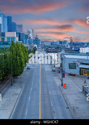 View down Alaska Way in Seattle, Washington, USA in dawn light Stock Photo