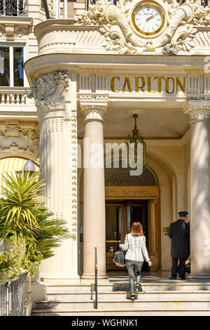 Hotel Carlton entrance sign and clock. Cannes France Stock Photo