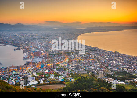 Hakodate, Hokkaido, Japan city skyline from Mt. Hakodate at dawn. Stock Photo