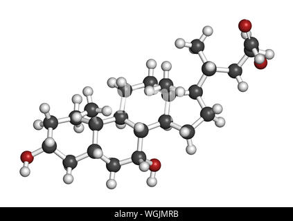 Chenodeoxycholic acid drug molecule. 3D rendering. Atoms are represented as spheres with conventional color coding: hydrogen (white), carbon (grey), o Stock Photo