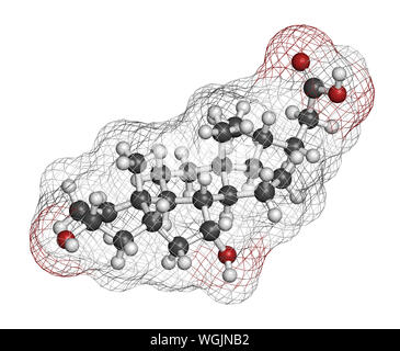 Chenodeoxycholic acid drug molecule. 3D rendering. Atoms are represented as spheres with conventional color coding: hydrogen (white), carbon (grey), o Stock Photo