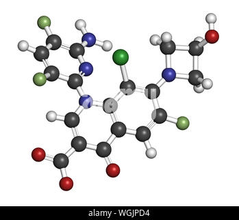 Delafloxacin antibiotic drug molecule (fluoroquinolone class). 3D rendering. Atoms are represented as spheres with conventional color coding: hydrogen Stock Photo
