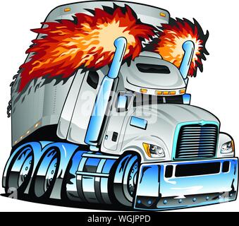 Semi Truck Tractor Trailer Big Rig,  Exhaust, Lots of Chrome, Cartoon Isolated Vector Illustration Stock Vector