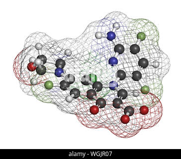 Delafloxacin antibiotic drug molecule (fluoroquinolone class). 3D rendering. Atoms are represented as spheres with conventional color coding: hydrogen Stock Photo