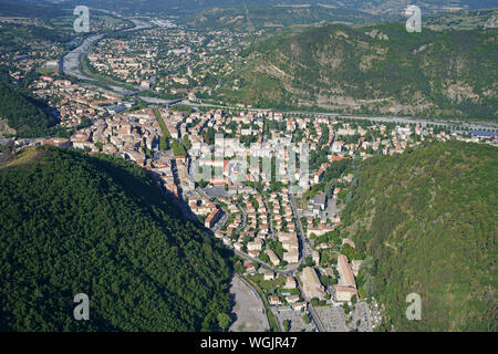 AERIAL VIEW. Spa town of Digne-les-Bains nestled in the Bléone Valley. Alpes de Haute-Provence, Provence-Alpes-Côte d'Azur, France. Stock Photo