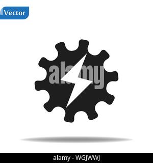Universal energy tech rapid app vector icon symbol. Abstract cog wheel with flash logo design template. Geometric gear fast quick thunderbolt logotype Stock Vector