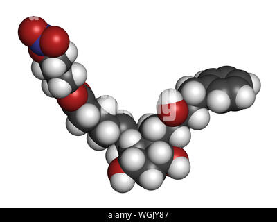 Latanoprostene bunod eye drug molecule. 3D rendering. Atoms are represented as spheres with conventional color coding: hydrogen (white), carbon (grey) Stock Photo