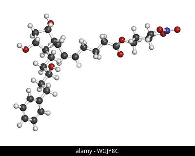 Latanoprostene bunod eye drug molecule. 3D rendering. Atoms are represented as spheres with conventional color coding: hydrogen (white), carbon (grey) Stock Photo