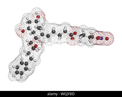 Latanoprostene bunod eye drug molecule. 3D rendering. Atoms are represented as spheres with conventional color coding: hydrogen (white), carbon (grey) Stock Photo