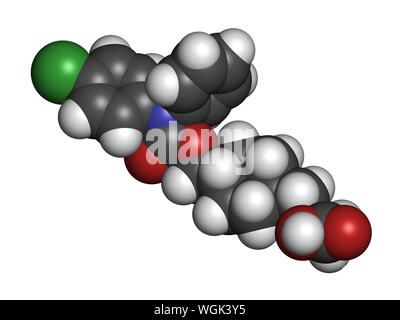 Ralinepag pulmonary arterial hypertension drug molecule. 3D rendering. Atoms are represented as spheres with conventional color coding: hydrogen (whit Stock Photo