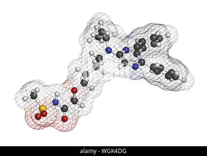 Selexipag pulmonary arterial hypertension drug molecule. 3D rendering. Atoms are represented as spheres with conventional color coding: hydrogen (whit Stock Photo