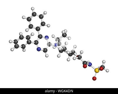 Selexipag pulmonary arterial hypertension drug molecule. 3D rendering. Atoms are represented as spheres with conventional color coding: hydrogen (whit Stock Photo