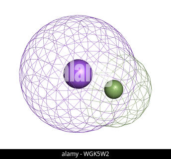 Sodium fluoride, chemical structure. 3D rendering. Atoms are represented as spheres with conventional color coding: sodium (blue), fluorine (light gre Stock Photo