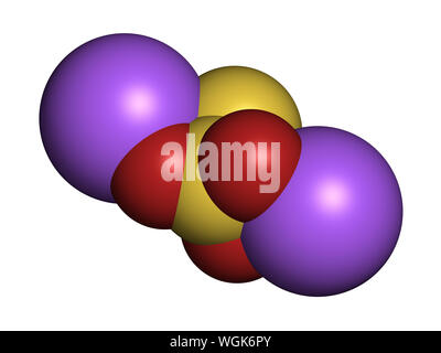 Sodium thiosulfate, chemical structure. 3D rendering. Atoms are represented as spheres with conventional color coding: sulfur (yellow), oxygen (red), Stock Photo