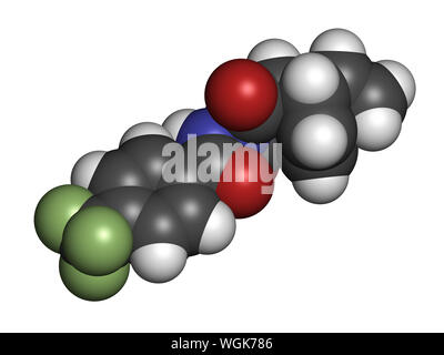 Tecovirimat antiviral drug molecule. 3D rendering. Atoms are represented as spheres with conventional color coding: hydrogen (white), carbon (grey), n Stock Photo