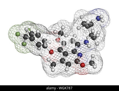 Tafenoquine malaria drug molecule. 3D rendering. Atoms are represented as spheres with conventional color coding: hydrogen (white), carbon (grey), nit Stock Photo