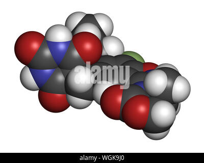 Zoliflodacin antibiotic drug molecule. 3D rendering. Atoms are represented as spheres with conventional color coding: hydrogen (white), carbon (grey), Stock Photo