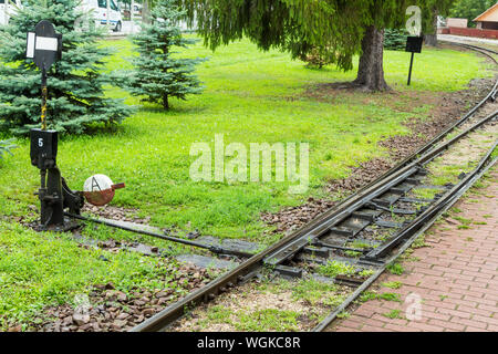 Narrow gauge railway train manual track points lever in Szivasvarad, Szalajka Valley Szalajka-völgy, Hungary Stock Photo