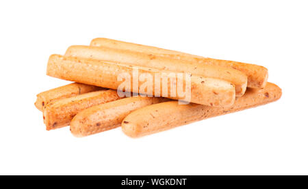 Bread sticks isolated on white background. Grissini, Italian breadsticks with onions and herbs. Stock Photo