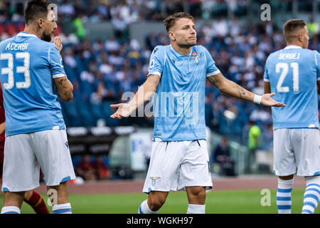 Ciro Immobile of SS Lazio looks dejected during the Serie A match between Lazio and AS Roma at Olimpico Stadium.(Final score: Lazio 1:1 AS Roma) Stock Photo