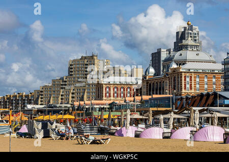 Kurhaus Hotel and beach clubs on the promenade of Scheveningen, The Hague, South Holland, The Netherlands, Europe Stock Photo