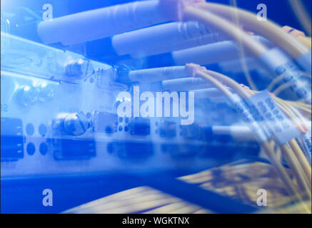Close up fiber optic in server room , network cables installed in the rack Stock Photo