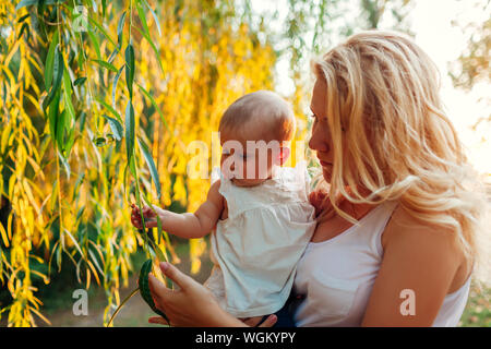 Young mother walking in summer park with her baby. Curious infant touching tree leaves exploring the world Stock Photo