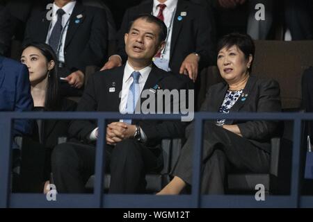 Tokyo, Japan. 1st Sep, 2019. Tokyo Governor Yuriko Koike (R) attends the mixed team competitions at the World Judo Championships Tokyo 2019 in the Nippon Budokan. Koike, Japanese Prime Minister Shinzo Abe and Tokyo 2020 Olympic President Yoshiro Mori attended the final day of competitions and congratulated the winners during the award ceremony. Credit: Rodrigo Reyes Marin/ZUMA Wire/Alamy Live News Stock Photo